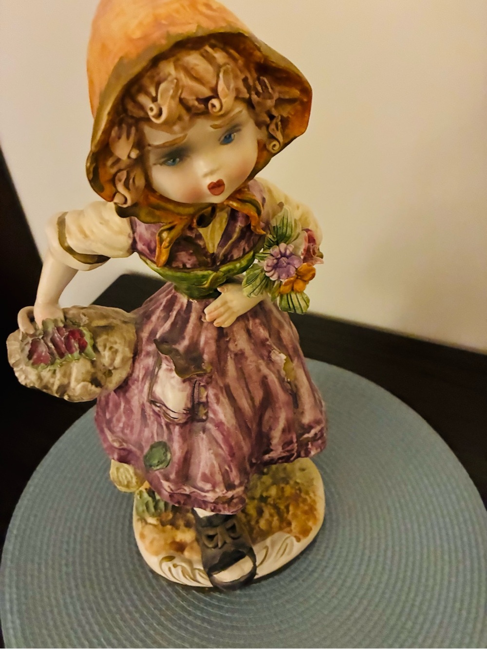 Capodimonte Vintage Ceramic Girl Figurine in Purple Dress and Orange Bonnet